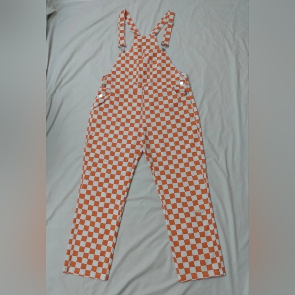 JEAN OVERALLS CHECKERED PLAID ORANGE WHITE DENIM Meas. Waist 38 Inseam 26 NO TAG